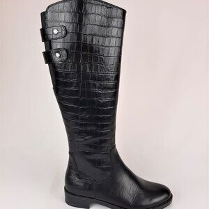 Black Croco Leather Flat Bottom Boots